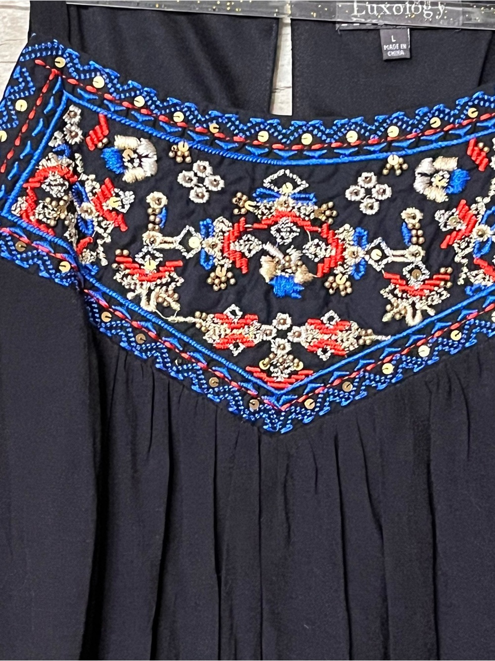 Luxology Black Dress with Red, Blue and Gold Embroidered Peasant Swing Tunic